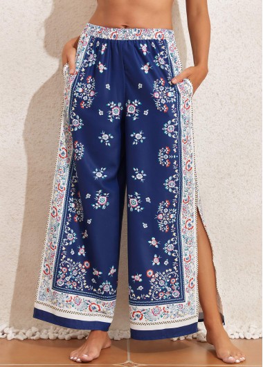 Navy swimwear,Tribal swimwear,Floral swimwear,Plants swimwear,Split Navy Tribal Print Cover Up