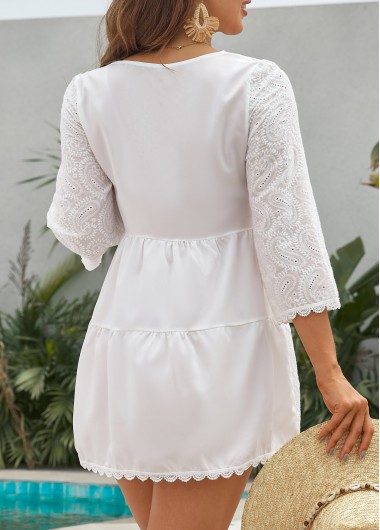 White swimwear,Plain Color swimwear,Lace Patchwork Tassel White Cover Up