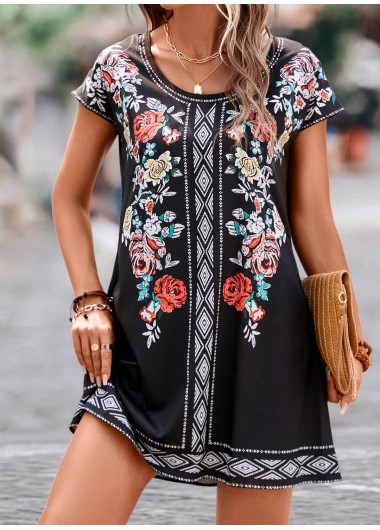 Black dresses,Floral dresses,Geometric dresses,Plants dresses,Lightweight Floral Print Black Short A Line Dress