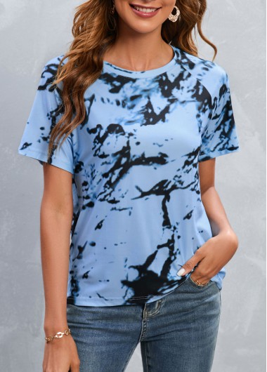 Blue tops,Tie Dye tops,Tie Dye Print Blue Round Neck T Shirt