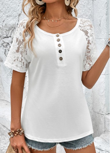 White tops,Plain Color tops,Button White Round Neck Short Sleeve T Shirt