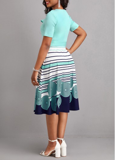 Cyan dresses,White dresses,Striped dresses,Geometric dresses,ROTITA Frill Striped Cyan Belted Peter Pan Collar Dress