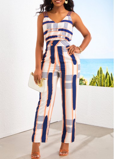 Multi Color jumpsuits & rompers,Geometric jumpsuits & rompers,Striped jumpsuits & rompers,ROTITA Pocket Geometric Print Multi Color Ankle Length Jumpsuit