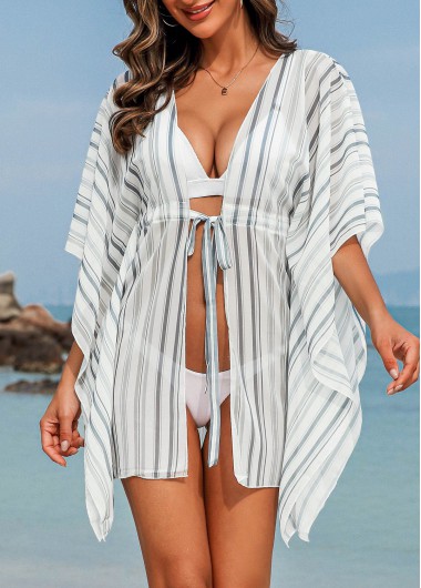 White swimwear,Striped swimwear,Geometric swimwear,Drawstring Half Sleeve White Striped Cover Up