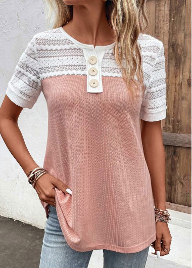 Pink tops,White tops,Contrast Color tops,ROTITA Lace Pink Round Neck Short Sleeve Blouse