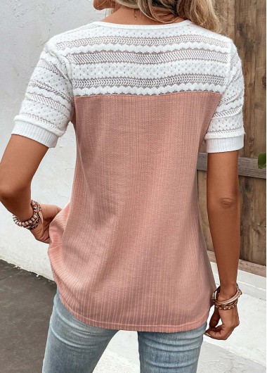 Pink tops,White tops,Contrast Color tops,ROTITA Lace Pink Round Neck Short Sleeve Blouse