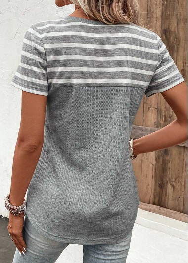 Grey tops,Striped tops,Geometric tops,ROTITA Button Striped Grey V Neck T Shirt