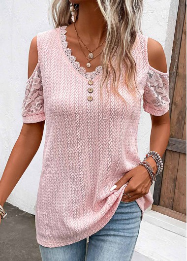 Light Pink tops,Plain Color tops,ROTITA Lace Light Pink V Neck T Shirt