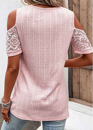 Light Pink tops,Plain Color tops,ROTITA Lace Light Pink V Neck T Shirt