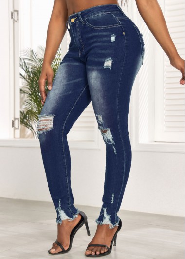 Denim Blue bottoms,Plain Color bottoms,Hole Denim Blue Skinny Zipper Fly Jeans