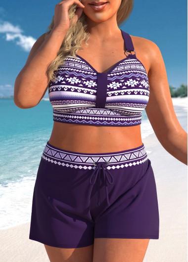 Purple plus size,Tribal plus size,Geometric plus size,ROTITA Plus Size Circular Ring Tribal Print Bikini Top