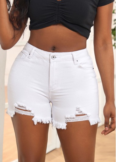 White bottoms,Plain Color bottoms,Pocket White Skinny Zipper Fly Mid Waisted Denim Shorts