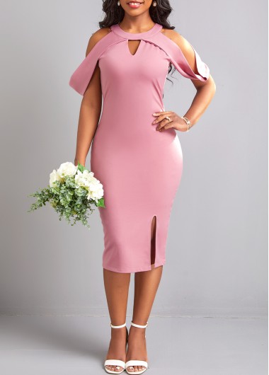 Pink dresses,Plain Color dresses,Party dresses,Elegant dresses,Cut Out Pink Round Neck Bodycon Dress