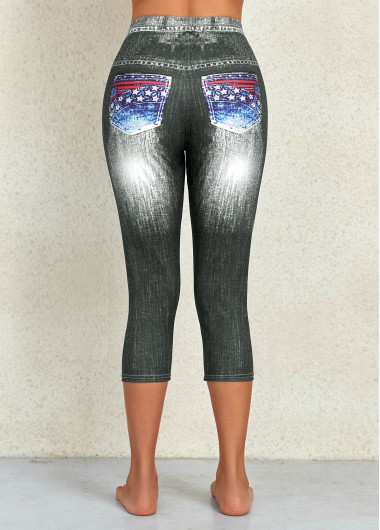 Black bottoms,Flag bottoms,Ombre bottoms,Flag Print Denim Blue Mid Waisted Leggings