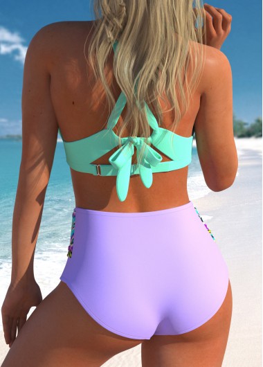 Purple swimwear,Tribal swimwear,ROTITA Bowknot Purple Tribal Print Mid Waisted Bikini Set