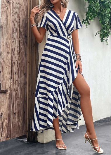 Navy dresses,White dresses,Striped dresses,Geometric dresses,Tie Striped Navy V Neck Maxi Dress