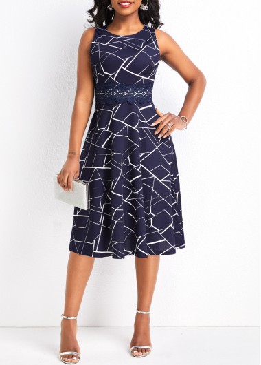 Navy dresses,Striped dresses,Geometric dresses,Zipper Striped Navy Round Neck Sleeveless Dress