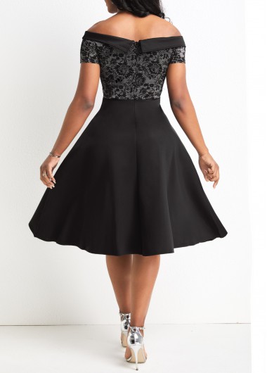 Black dresses,Plain Color dresses,Lace Black Off Shoulder Short Sleeve Dress