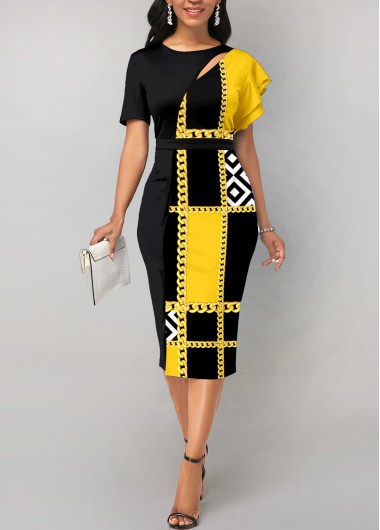 Yellow dresses,Black dresses,Geometric dresses,ROTITA Cut Out Geometric Print Yellow Bodycon Dress