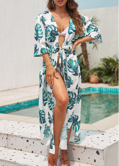 White swimwear,Plants swimwear,Tie White Leaf Print Cover Up