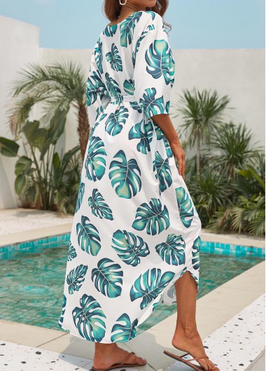 White swimwear,Plants swimwear,Tie White Leaf Print Cover Up