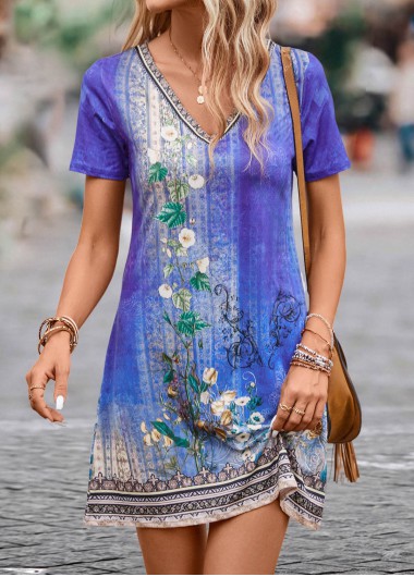 Purple dresses,Floral dresses,Tribal dresses,Ombre dresses,Plants dresses,Everyday dresses,Casual dresses,Lightweight Floral Print Purple Short V Neck Dress