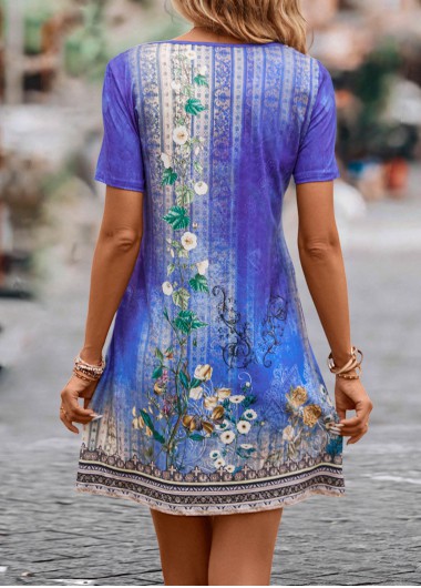 Purple dresses,Floral dresses,Tribal dresses,Ombre dresses,Plants dresses,Everyday dresses,Casual dresses,Lightweight Floral Print Purple Short V Neck Dress