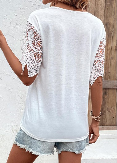 White tops,Plain Color tops,Lace White V Neck Short Sleeve T Shirt