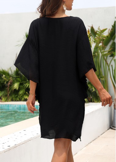 Black swimwear,Plain Color swimwear,Patchwork V Neck Black Cover Up