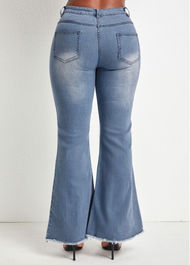 Denim Blue bottoms,Plain Color bottoms,Pocket Denim Blue Flare Leg Zipper Fly Jeans