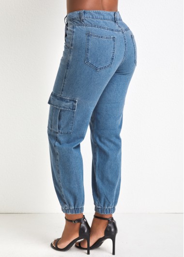 Denim Blue bottoms,Plain Color bottoms,Pocket Denim Blue Jogger Zipper Fly Pants