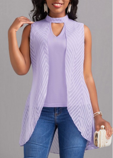 Light Purple tops,Plain Color tops,ROTITA Cut Out Light Purple Stand Collar T Shirt