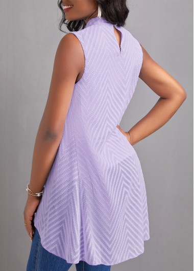 Light Purple tops,Plain Color tops,ROTITA Cut Out Light Purple Stand Collar T Shirt