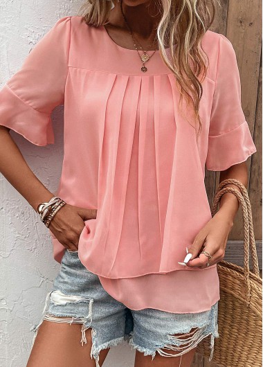 Pink tops,Plain Color tops,Layered Pink Round Neck Short Sleeve Blouse