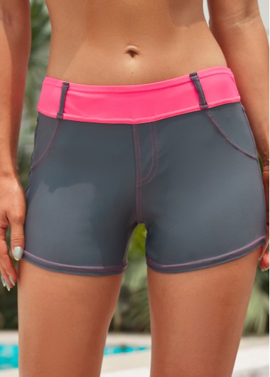Grey swimwear,Hot Pink swimwear,Contrast Color swimwear,Grey Stretch Mid Waisted Swim Shorts