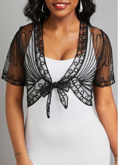 Black outerwear & coats,Plain Color outerwear & coats,Mesh Black V Neck Short Sleeve Coat