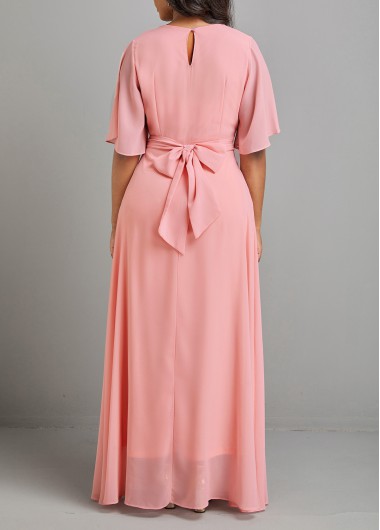 Pink dresses,Plain Color dresses,Split Pink V Neck Short Sleeve Maxi Dress