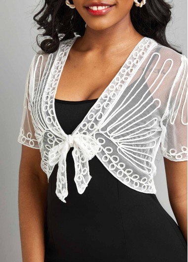 White outerwear & coats,Plain Color outerwear & coats,Mesh White V Neck Short Sleeve Coat