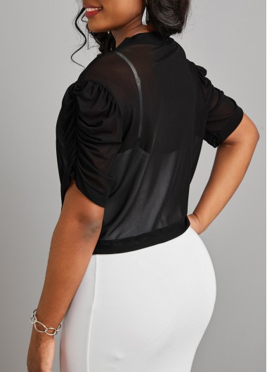 Black outerwear & coats,Plain Color outerwear & coats,Ruched Black Open Front Short Sleeve Coat