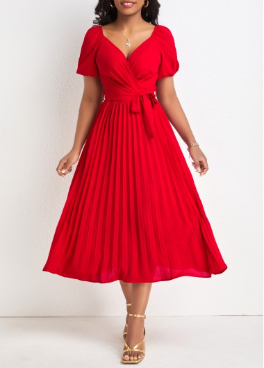 Red dresses,Plain Color dresses,Pleated Red Belted V Neck Short Sleeve Dress