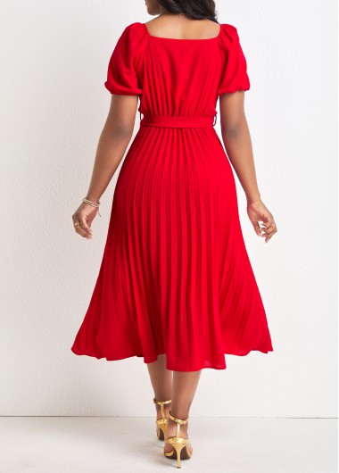 Red dresses,Plain Color dresses,Pleated Red Belted V Neck Short Sleeve Dress