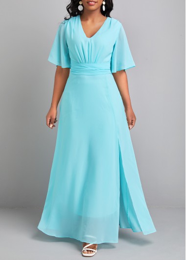 Neon Blue dresses,Plain Color dresses,Bowknot Neon Blue V Neck Maxi Dress