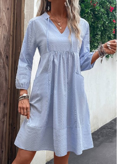Light Blue dresses,Plain Color dresses,Pocket Light Blue Split Neck Shift Dress