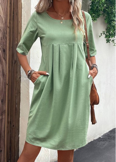 Green dresses,Plain Color dresses,Everyday dresses,Casual dresses,Pocket Green Round Neck Shift Dress