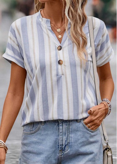 Multi Color tops,Striped tops,Geometric tops,Dot tops,Button Striped Multi Color Split Neck Blouse