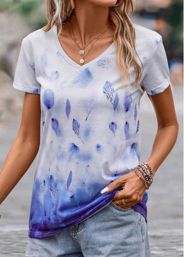 Blue tops,White tops,Plants tops,Ombre tops,Leaf Print Blue V Neck T Shirt