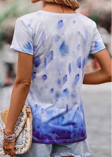 Blue tops,White tops,Plants tops,Ombre tops,Leaf Print Blue V Neck T Shirt