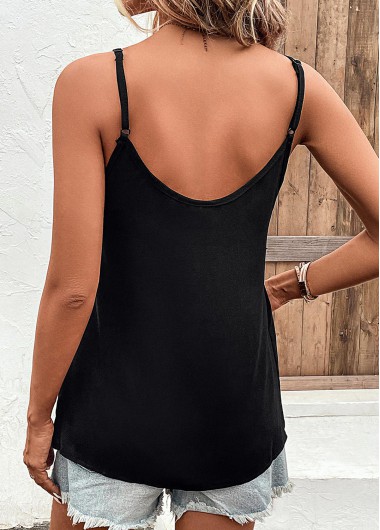 Black tops,Plain Color tops,Button Black V Neck Strappy Camisole Top