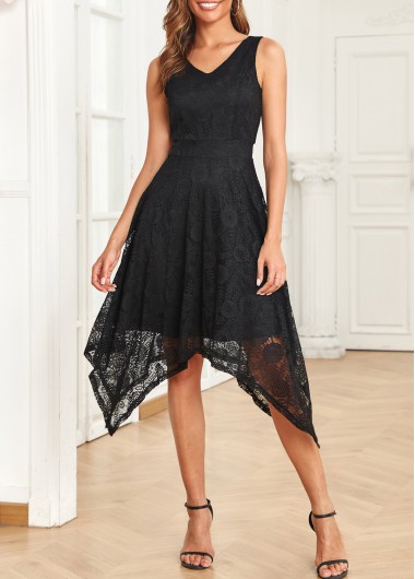 Black dresses,Plain Color dresses,V Neck Lace Black Sleeveless Dress