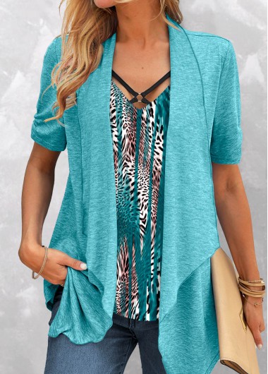 Turquoise tops,Leopard tops,Striped tops,ROTITA Fake 2in1 Leopard Turquoise V Neck T Shirt